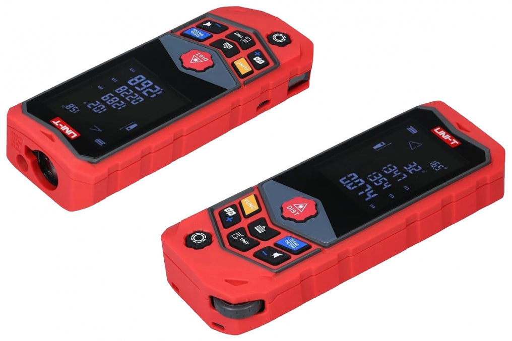 UNI-T LM50D distance meter top and side views showing laser aperture