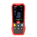 UNI-T LM50G Green Laser Distance Meter – 50 m, ±(2 mm+5×10⁻⁵·D), 515 nm Green Beam, Area / Volume / Pythagoras, Angle Sensor, 2.4" EBTN Display, Rechargeable - a digital screen with measurements and buttons for distance, function, unit, and power.