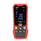 UNI-T LM50G Green Laser Distance Meter – 50 m, ±(2 mm+5×10⁻⁵·D), 515 nm Green Beam, Area / Volume / Pythagoras, Angle Sensor, 2.4" EBTN Display, Rechargeable - a digital screen with measurements and buttons for distance, function, unit, and power.