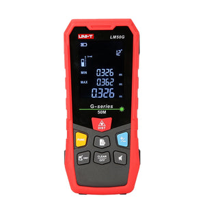 UNI-T LM50G Green Laser Distance Meter – 50 m, ±(2 mm+5×10⁻⁵·D), 515 nm Green Beam, Area / Volume / Pythagoras, Angle Sensor, 2.4" EBTN Display, Rechargeable - a digital screen with measurements and buttons for distance, function, unit, and power.