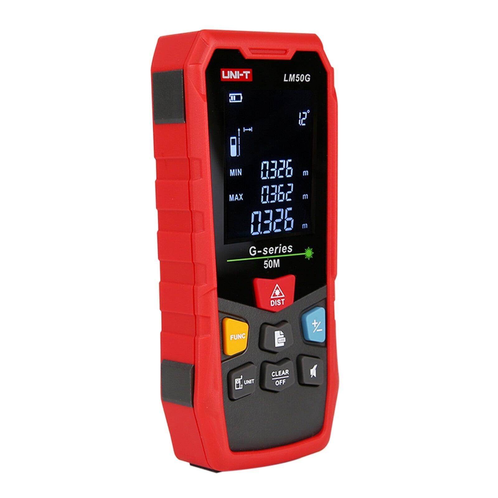 UNI-T LM50G Green Laser Distance Meter – 50 m, ±(2 mm+5×10⁻⁵·D), 515 nm Green Beam, Area / Volume / Pythagoras, Angle Sensor, 2.4" EBTN Display, Rechargeable - a digital display with measurements, a laser button, and function, unit, clear, and navigation buttons.