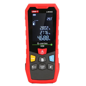 UNI-T LM50G Green Laser Distance Meter – 50 m, ±(2 mm+5×10⁻⁵·D), 515 nm Green Beam, Area / Volume / Pythagoras, Angle Sensor, 2.4" EBTN Display, Rechargeable - a digital screen with measurements, a laser button, and six function keys on the front.