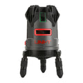 UNI-T LM555LD 4D Green Laser Level – 4V1H + Plumb Point, ±2 mm/10 m, Self-Leveling, 130° Lines, IP54, Rechargeable - a grey and black cylindrical laser tool with a red aperture, mounted on three adjustable pointed tripod legs.