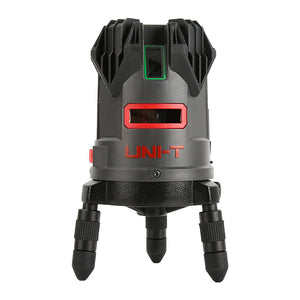 UNI-T LM555LD 4D Green Laser Level – 4V1H + Plumb Point, ±2 mm/10 m, Self-Leveling, 130° Lines, IP54, Rechargeable - a grey and black cylindrical laser tool with a red aperture, mounted on three adjustable pointed tripod legs.