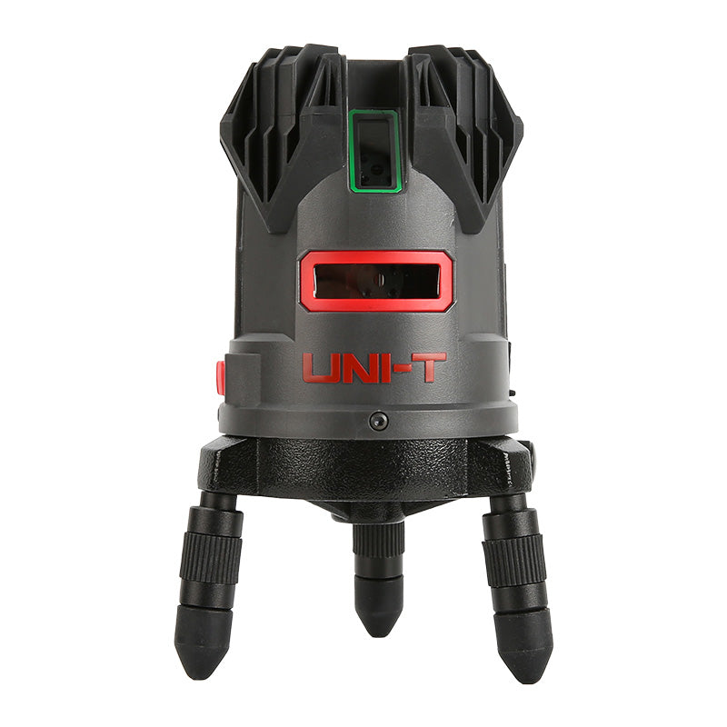 UNI-T LM555LD 4D Green Laser Level – 4V1H + Plumb Point, ±2 mm/10 m, Self-Leveling, 130° Lines, IP54, Rechargeable - a grey and black cylindrical laser tool with a red aperture, mounted on three adjustable pointed tripod legs.