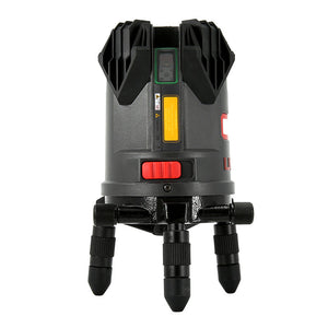 UNI-T LM555LD 4D Green Laser Level – 4V1H + Plumb Point, ±2 mm/10 m, Self-Leveling, 130° Lines, IP54, Rechargeable - a grey cylindrical device with a red power switch, a green laser aperture, and three adjustable tripod legs.