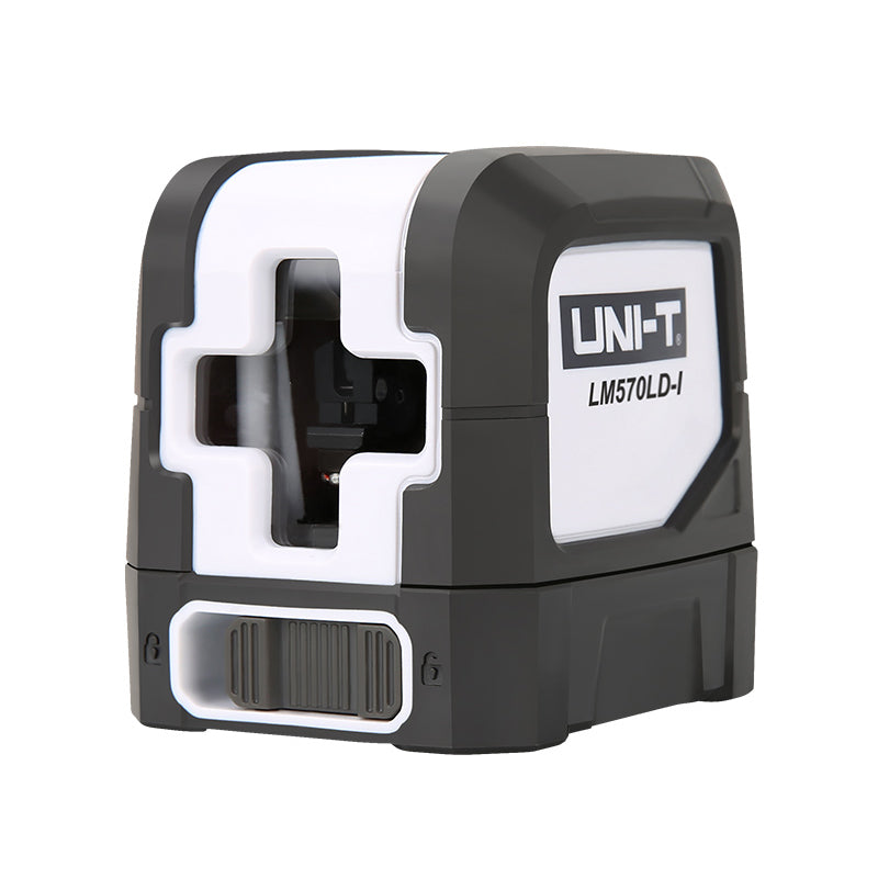 UNI-T LM570LD-I Green Cross Line Laser Level – 1V1H, ±3 mm/10 m, Self-Leveling, 510 nm, 110° Lines, Tripod Mount - a black and white compact device with a front-facing laser aperture and a sliding power switch at the base.