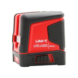 UNI-T LM570LD-II Green Cross Line Laser Level – 2 Lines (1H + 1V), ±3 mm/10 m, Self-Leveling, 520 nm, 10 m Range, Magnetic Bracket - a red and black compact device featuring a side-mounted locking switch and a laser aperture on the front.