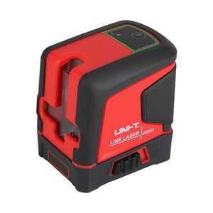 UNI-T LM570LD-II Green Cross Line Laser Level – 2 Lines (1H + 1V), ±3 mm/10 m, Self-Leveling, 520 nm, 10 m Range, Magnetic Bracket - a compact red and black device featuring a top power button and a side locking switch.