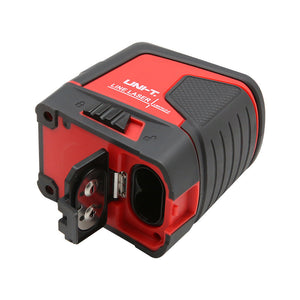 UNI-T LM570LD-II Green Cross Line Laser Level – 2 Lines (1H + 1V), ±3 mm/10 m, Self-Leveling, 520 nm, 10 m Range, Magnetic Bracket - the open battery compartment and the locking switch on the top side.