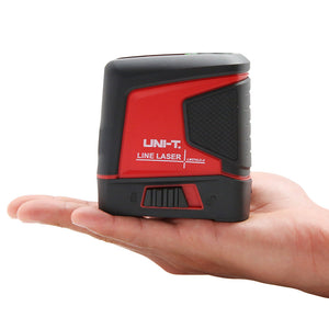 UNI-T LM570LD-II Green Cross Line Laser Level – 2 Lines (1H + 1V), ±3 mm/10 m, Self-Leveling, 520 nm, 10 m Range, Magnetic Bracket - a compact red and black device with a side power switch featuring lock and unlock icons.