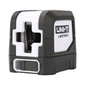 UNI-T LM570R-I Cross Line Laser Level – Red 1V1H, ±3 mm/10 m, Self-Leveling, 110° Lines, 15–30 m, Tripod Mount - a compact black and white device with a cross-shaped lens aperture and a sliding lock switch on the front.