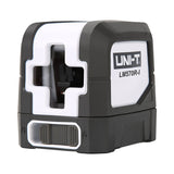 UNI-T LM570R-I Cross Line Laser Level – Red 1V1H, ±3 mm/10 m, Self-Leveling, 110° Lines, 15–30 m, Tripod Mount - a compact black and white device with a cross-shaped lens aperture and a sliding lock switch on the front.