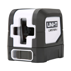 UNI-T LM570R-I Cross Line Laser Level – Red 1V1H, ±3 mm/10 m, Self-Leveling, 110° Lines, 15–30 m, Tripod Mount - a compact black and white device with a cross-shaped lens aperture and a sliding lock switch on the front.
