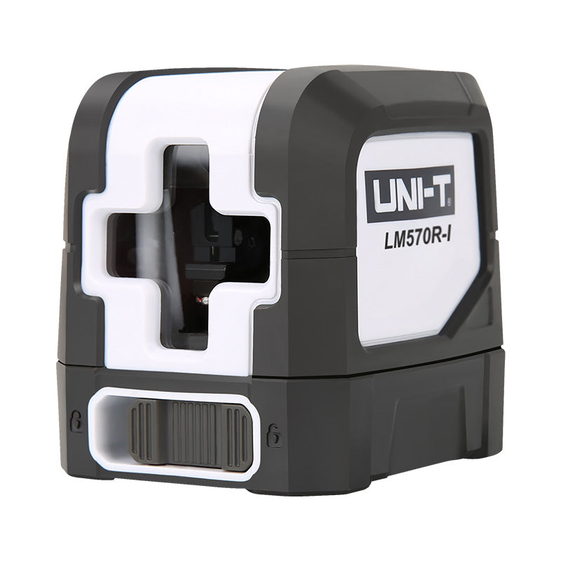 UNI-T LM570R-I Cross Line Laser Level – Red 1V1H, ±3 mm/10 m, Self-Leveling, 110° Lines, 15–30 m, Tripod Mount - a compact black and white device with a cross-shaped lens aperture and a sliding lock switch on the front.