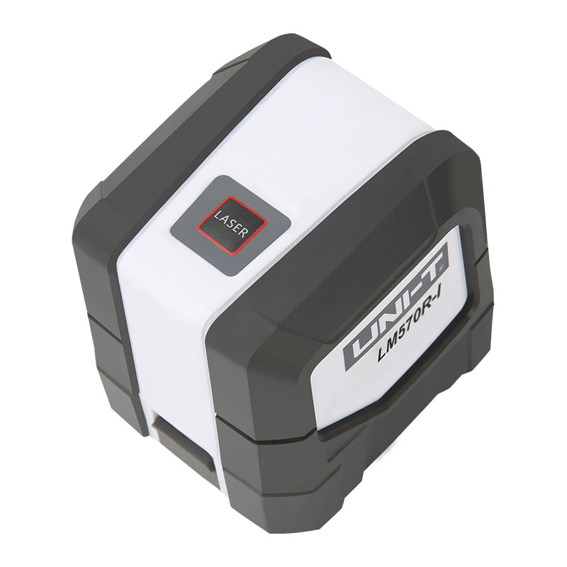 UNI-T LM570R-I Cross Line Laser Level – Red 1V1H, ±3 mm/10 m, Self-Leveling, 110° Lines, 15–30 m, Tripod Mount - a white and grey cubic device featuring a top button labeled LASER and branding on the side.