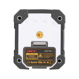 UNI-T LM570R-I Cross Line Laser Level – Red 1V1H, ±3 mm/10 m, Self-Leveling, 110° Lines, 15–30 m, Tripod Mount - the white and grey housing, a central gold-colored tripod mount, and a black label with laser safety and power details.