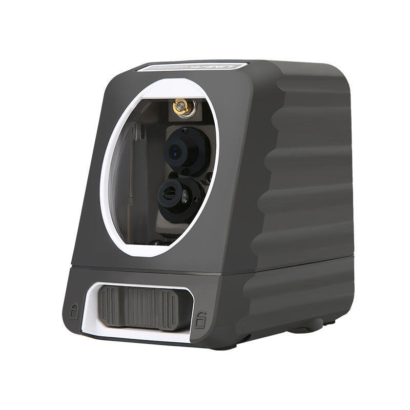 UNI-T LM571LD-I Green Cross Line Laser Level – 1V1H, ±2 mm/10 m, Self-Leveling, 510 nm, 130°/150° Wide Lines, 12 h Runtime, Tripod Mount - a grey and white device with a front lens, internal laser optics, and a sliding lock switch at the base.