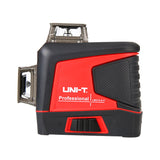 UNI-T LM573LD-II 3D Green Laser Level – 12 Lines (3×360°), ±3 mm/10 m, Self-Leveling, Outdoor Pulse, Remote Control, Rechargeable Li-ion - a red and black device with a top laser housing, a side window, and a black power switch on the front.