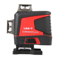 UNI-T LM576LD 4D Green Laser Level – 16 Lines (4×360°), ±3 mm/10 m, Self-Leveling, Osram Diode, Outdoor Pulse, Remote Control, Rechargeable - a black and red device with a sliding power switch and laser apertures on top and the side, shown against a white background.