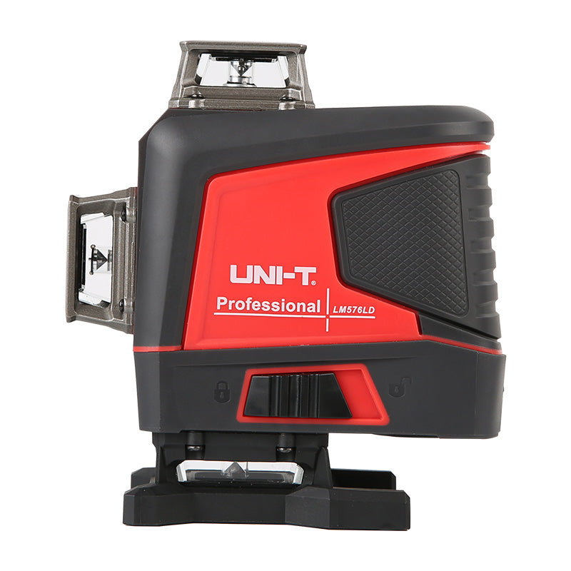 UNI-T LM576LD 4D Green Laser Level – 16 Lines (4×360°), ±3 mm/10 m, Self-Leveling, Osram Diode, Outdoor Pulse, Remote Control, Rechargeable - a black and red device with a sliding power switch and laser apertures on top and the side, shown against a white background.