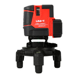 UNI-T LM585LD Green Laser Level – 8 Lines, ±3 mm/10 m, Self-Leveling, Osram Diode, Rechargeable, with Tripod & Lifting Base - shown in red and black, mounted on a black tripod base with adjustable feet and a small circular spirit level.
