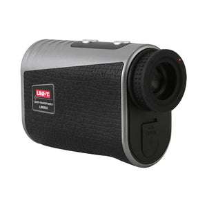 UNI-T LM600G Laser Rangefinder – 600 m, 6× Monocular, Golf & Hunting, Flagpole Lock, Slope / Speed / Angle, ±1 m - black and silver, showing the monocular eyepiece, two top buttons, and an open battery compartment cover.
