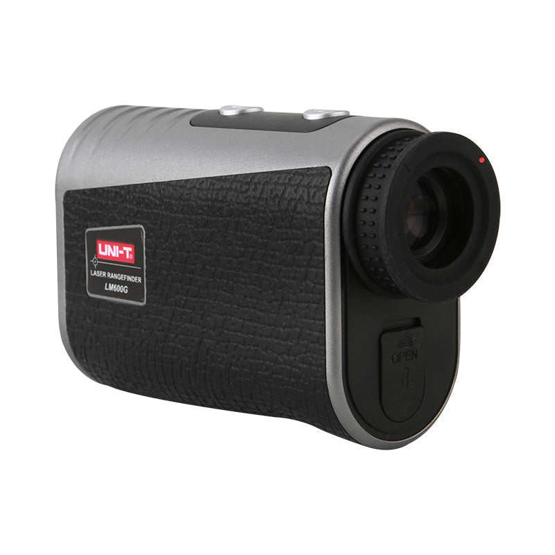 UNI-T LM600G Laser Rangefinder – 600 m, 6× Monocular, Golf & Hunting, Flagpole Lock, Slope / Speed / Angle, ±1 m - black and silver, showing the monocular eyepiece, two top buttons, and an open battery compartment cover.