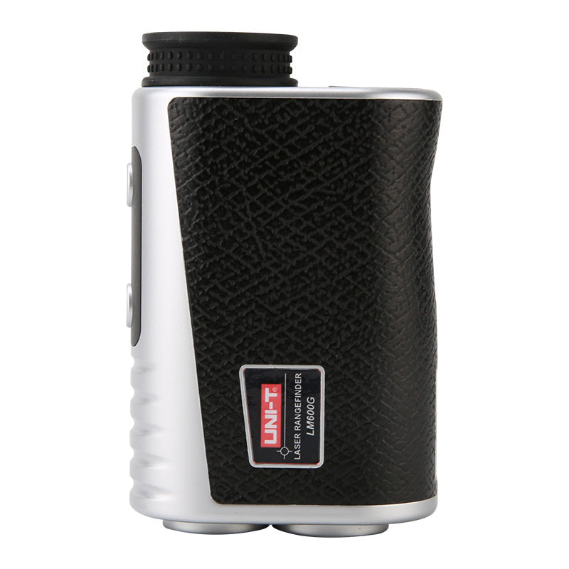 UNI-T LM600G Laser Rangefinder – 600 m, 6× Monocular, Golf & Hunting, Flagpole Lock, Slope / Speed / Angle, ±1 m - a silver and black handheld monocular device with a rubber eyepiece and two side buttons on a white background.