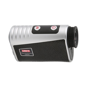 UNI-T LM600G Laser Rangefinder – 600 m, 6× Monocular, Golf & Hunting, Flagpole Lock, Slope / Speed / Angle, ±1 m - a silver and black monocular device featuring a top-mounted M button and a power button with a red icon.