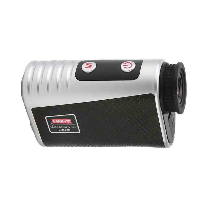 UNI-T LM600G Laser Rangefinder – 600 m, 6× Monocular, Golf & Hunting, Flagpole Lock, Slope / Speed / Angle, ±1 m - a silver and black monocular device featuring a top-mounted M button and a power button with a red icon.