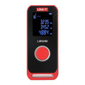 UNI-T LM60MI Mini Laser Distance Meter – 60 m, ±2 mm, Area / Volume / Pythagorean, USB-C Rechargeable, Pocket Laser Measure Tape - a red and black rectangular device with a large circular button and a digital display showing three measurement values.