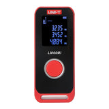 UNI-T LM60MI Mini Laser Distance Meter – 60 m, ±2 mm, Area / Volume / Pythagorean, USB-C Rechargeable, Pocket Laser Measure Tape - a red and black rectangular device with a large circular button and a digital display showing three measurement values.