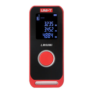 UNI-T LM60MI Mini Laser Distance Meter – 60 m, ±2 mm, Area / Volume / Pythagorean, USB-C Rechargeable, Pocket Laser Measure Tape - a red and black rectangular device with a large circular button and a digital display showing three measurement values.