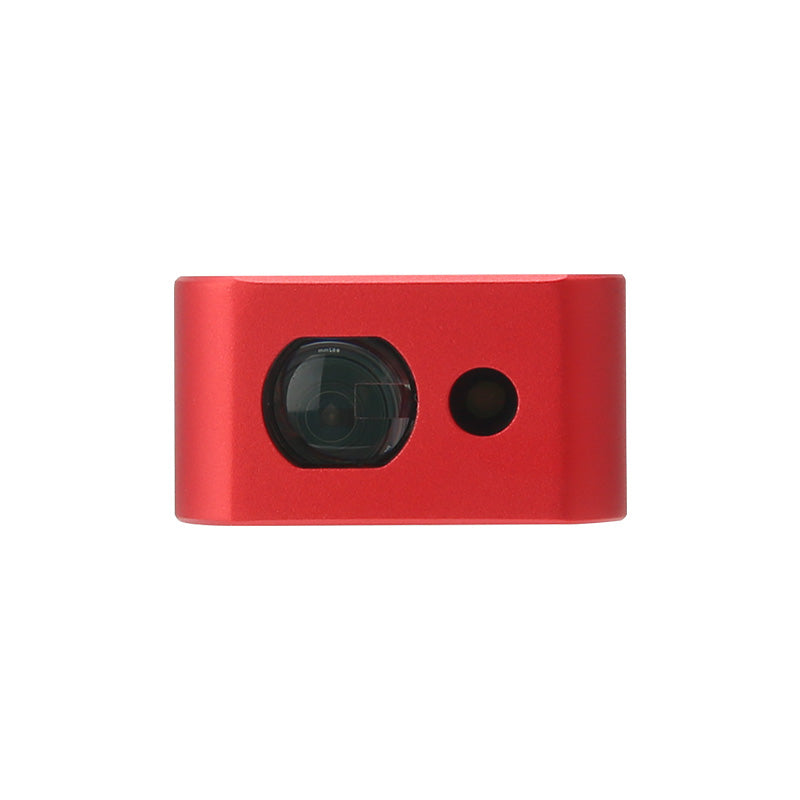 UNI-T LM60MI Mini Laser Distance Meter – 60 m, ±2 mm, Area / Volume / Pythagorean, USB-C Rechargeable, Pocket Laser Measure Tape - a close-up view of the red rectangular front housing featuring a circular lens and a small circular sensor.