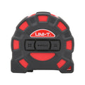 UNI-T LM60T Laser Tape Measure 2-in-1 – 60 m Laser + 5 m Steel Tape, ±2 mm, Area / Volume / Pythagorean, USB Rechargeable, 20 Memory - a black and red circular device featuring a UNI-T logo and three control buttons labeled with icons, MEAS, and UNIT.