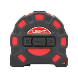 UNI-T LM60T Laser Tape Measure 2-in-1 – 60 m Laser + 5 m Steel Tape, ±2 mm, Area / Volume / Pythagorean, USB Rechargeable, 20 Memory - a black and red circular device featuring a UNI-T logo and three control buttons labeled with icons, MEAS, and UNIT.