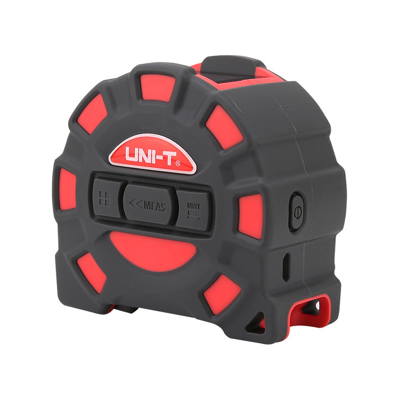 UNI-T LM60T Laser Tape Measure 2-in-1 – 60 m Laser + 5 m Steel Tape, ±2 mm, Area / Volume / Pythagorean, USB Rechargeable, 20 Memory - the side profile with three buttons labeled MEAS and UNIT, plus a power button on the side.