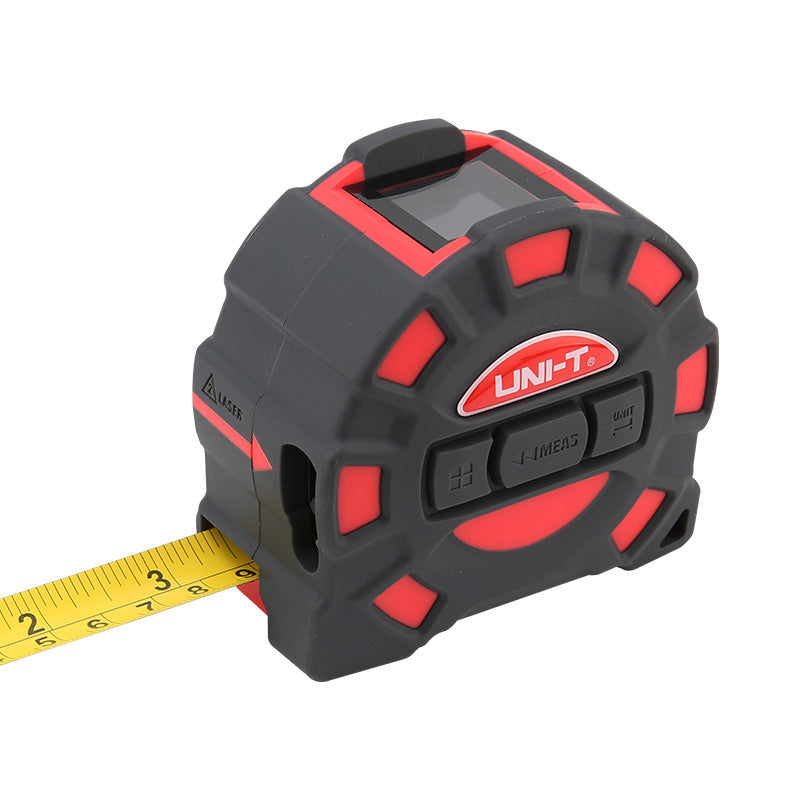 UNI-T LM60T Laser Tape Measure 2-in-1 – 60 m Laser + 5 m Steel Tape, ±2 mm, Area / Volume / Pythagorean, USB Rechargeable, 20 Memory - a black and red device with a digital display, buttons labeled "MEAS" and "UNIT," and an extended steel measuring tape.