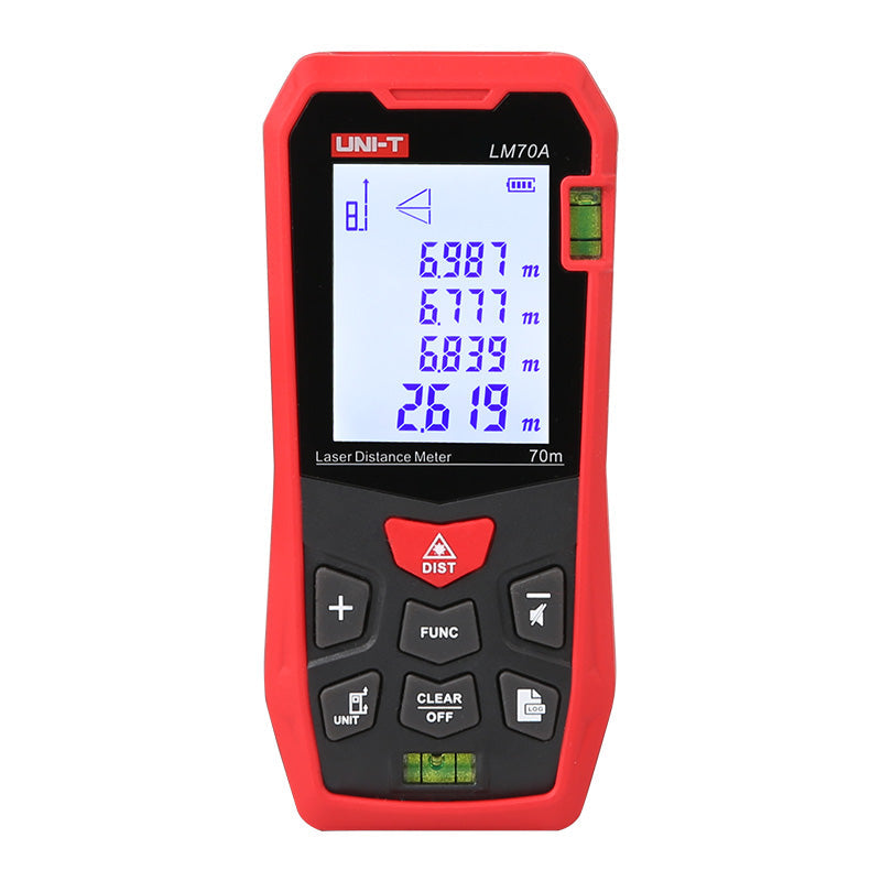 UNI-T LM70A Laser Distance Meter – 70 m, ±2 mm, Area / Volume / Pythagorean, 99 Memory, 2.0" LCD, Bubble Level, Laser Measure Tape - a digital display with numerical readings, control buttons, and two integrated bubble levels.