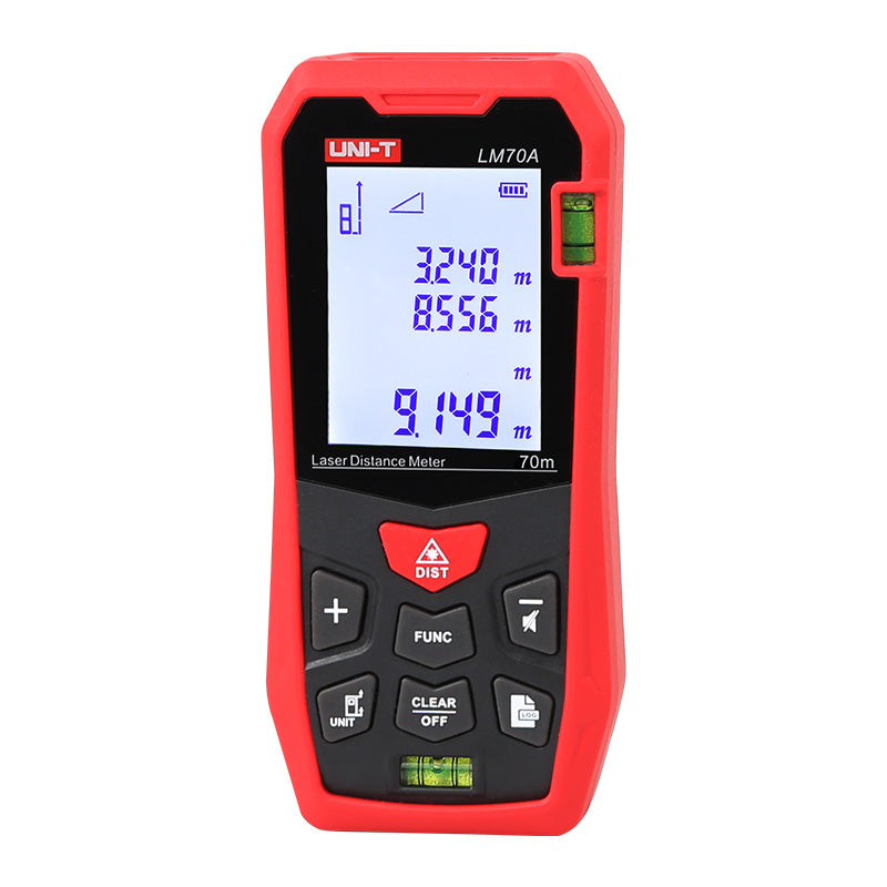 UNI-T LM70A Laser Distance Meter – 70 m, ±2 mm, Area / Volume / Pythagorean, 99 Memory, 2.0" LCD, Bubble Level, Laser Measure Tape - a digital screen with 3.240m, 8.556m, and 9.149m readings, buttons, and two bubble levels.