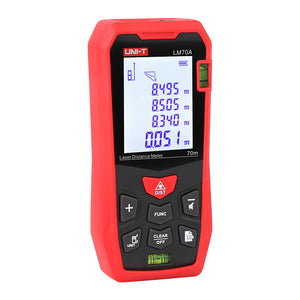 UNI-T LM70A Laser Distance Meter – 70 m, ±2 mm, Area / Volume / Pythagorean, 99 Memory, 2.0" LCD, Bubble Level, Laser Measure Tape - in a red protective casing, featuring a digital display showing measurements, control buttons, and two bubble levels.