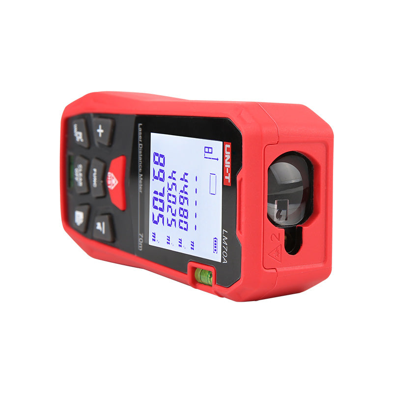 UNI-T LM70A Laser Distance Meter – 70 m, ±2 mm, Area / Volume / Pythagorean, 99 Memory, 2.0" LCD, Bubble Level, Laser Measure Tape - the front display with numerical readings, control buttons, and a bubble level.