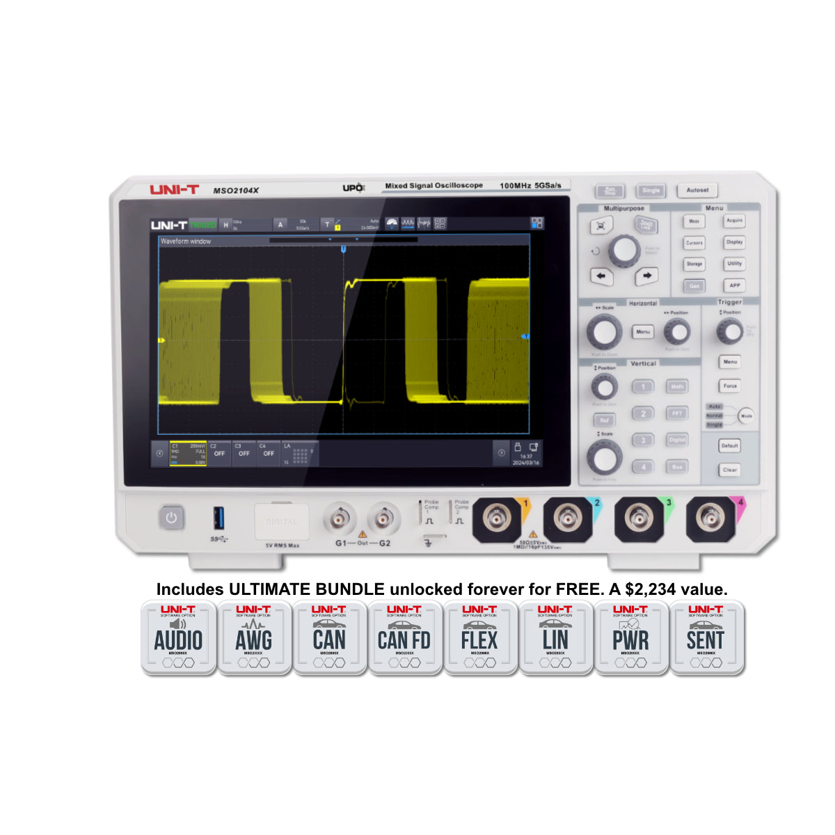 UNI-T MSO2104X 100 MHz 4-Channel Mixed Signal Oscilloscope – 5 GSa/s (interleave) / 2.5 GSa/s (non-interleave), 1.25 GSa/s - with a white body, front display showing a yellow waveform, control knobs, buttons, input ports, and eight software icons.