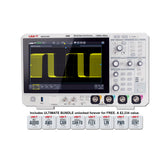UNI-T MSO2104X 100 MHz 4-Channel Mixed Signal Oscilloscope – 5 GSa/s (interleave) / 2.5 GSa/s (non-interleave), 1.25 GSa/s - with a white body, front display showing a yellow waveform, control knobs, buttons, input ports, and eight software icons.