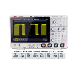 UNI-T MSO2104X 100 MHz 4-Channel Mixed Signal Oscilloscope – 5 GSa/s (interleave) / 2.5 GSa/s (non-interleave), 1.25 GSa/s - with a white body, front display showing a yellow waveform, control knobs, buttons, input ports, and eight software icons.