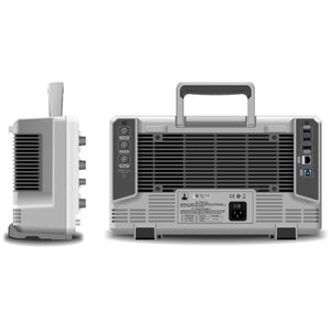 UNI-T MSO2104X 100 MHz 4-Channel Mixed Signal Oscilloscope – 5 GSa/s (interleave) / 2.5 GSa/s (non-interleave), 1.25 GSa/s - shown from the side and back, featuring a grey chassis, a top handle, cooling vents, power input, and various rear ports.