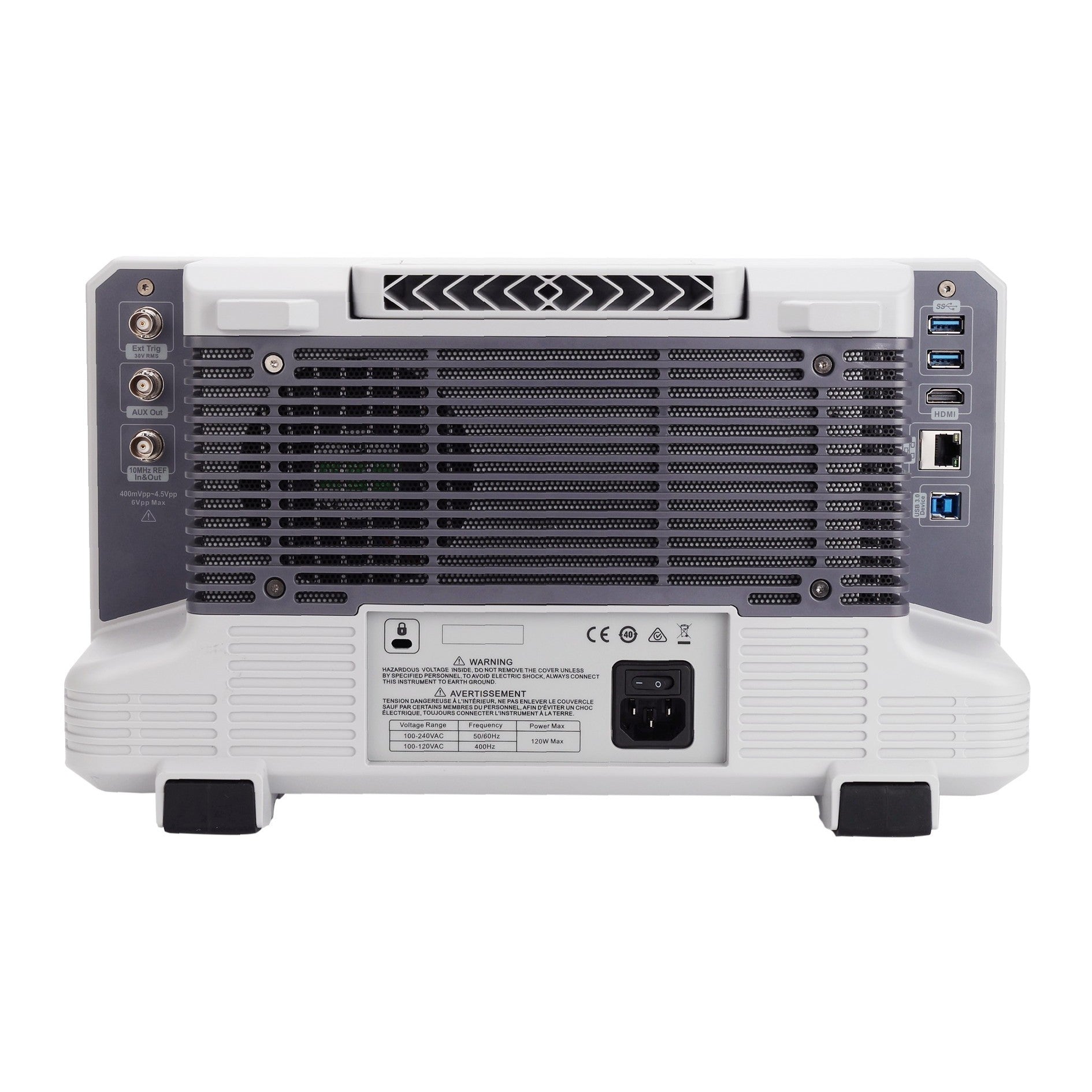 UNI-T MSO2104X 100 MHz 4-Channel Mixed Signal Oscilloscope – 5 GSa/s (interleave) / 2.5 GSa/s (non-interleave), 1.25 GSa/s - the white chassis, cooling vents, power switch, AC input, and various ports including BNC, USB, HDMI, and Ethernet.