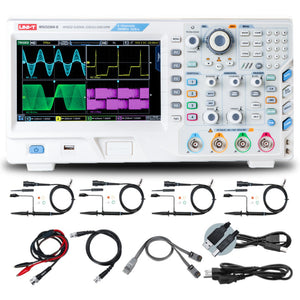 UNI-T MSO2204S 200 MHz 4-Channel Mixed Signal Oscilloscope – 2GSa/s, 56MPTS - a white unit with a screen displaying four waveforms, control knobs, buttons, and included probe accessories.