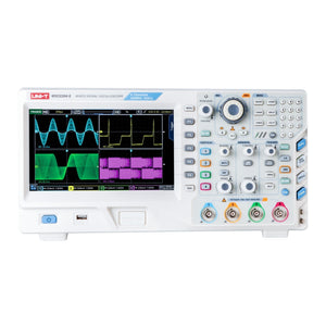 UNI-T MSO2204S 200 MHz 4-Channel Mixed Signal Oscilloscope – 2GSa/s, 56MPTS - a white benchtop device with a front-facing screen displaying four waveforms, control knobs, buttons, and four input ports.